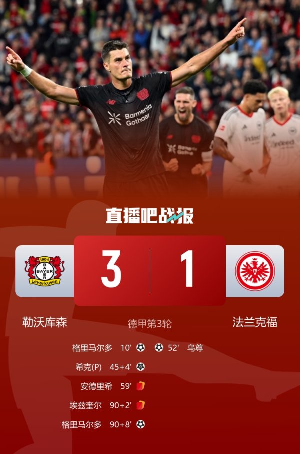 德甲-九人勒沃库森3-1法兰克福职业联赛  首胜 格里马尔多双响希克点射